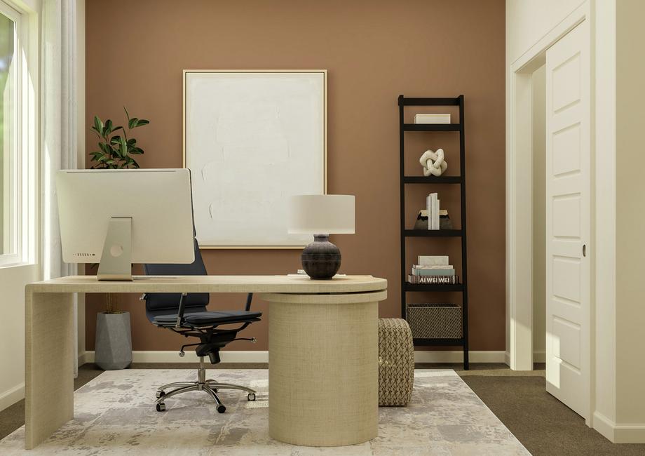 Rendering of a bedroom decorated as an
  office, furnished with a desk and ladder bookshelf.