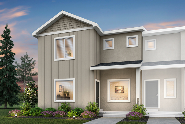 Rendering of the two-story Huntington townhome with a siding and stucco exterior.