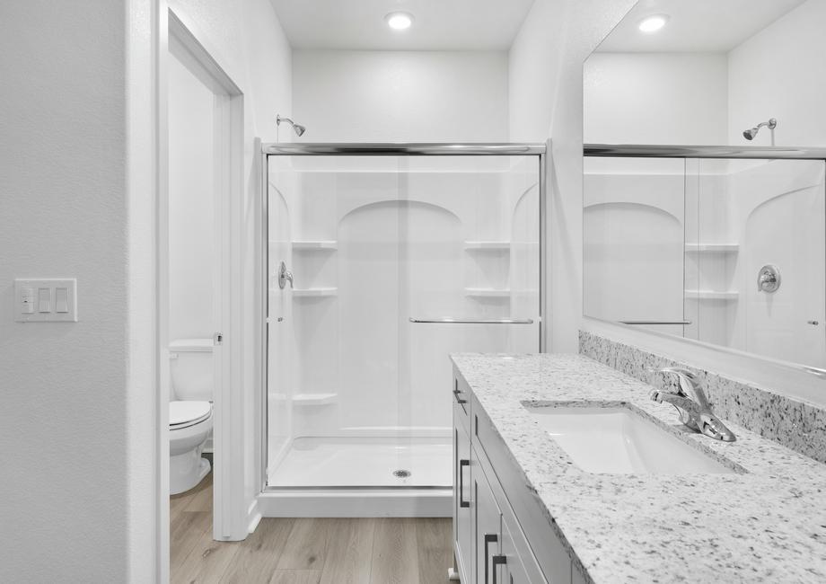The master bathroom has a step in shower and a large vanity.