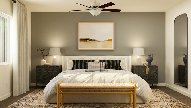 Rendering of a master bedroom furnished  with a large bed in between two side tables.