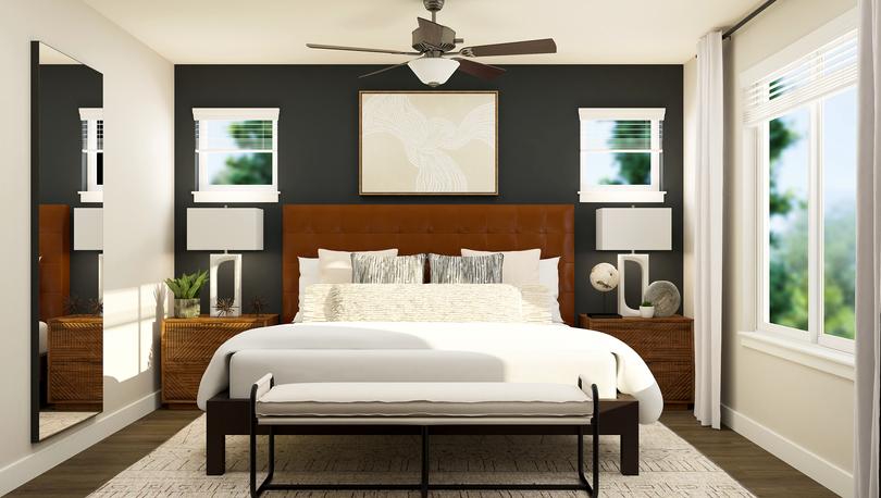 Rendering of master bedroom furnished
  with a large bed and two wooden side tables. This room also has three
  windows.