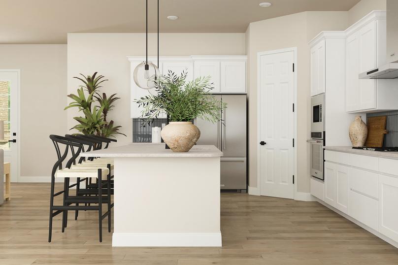Rendering of the kitchen with wood-look
  luxury vinyl plank flooring, white cabinetry, stainless steel appliances with
  a vent hood and a large island.