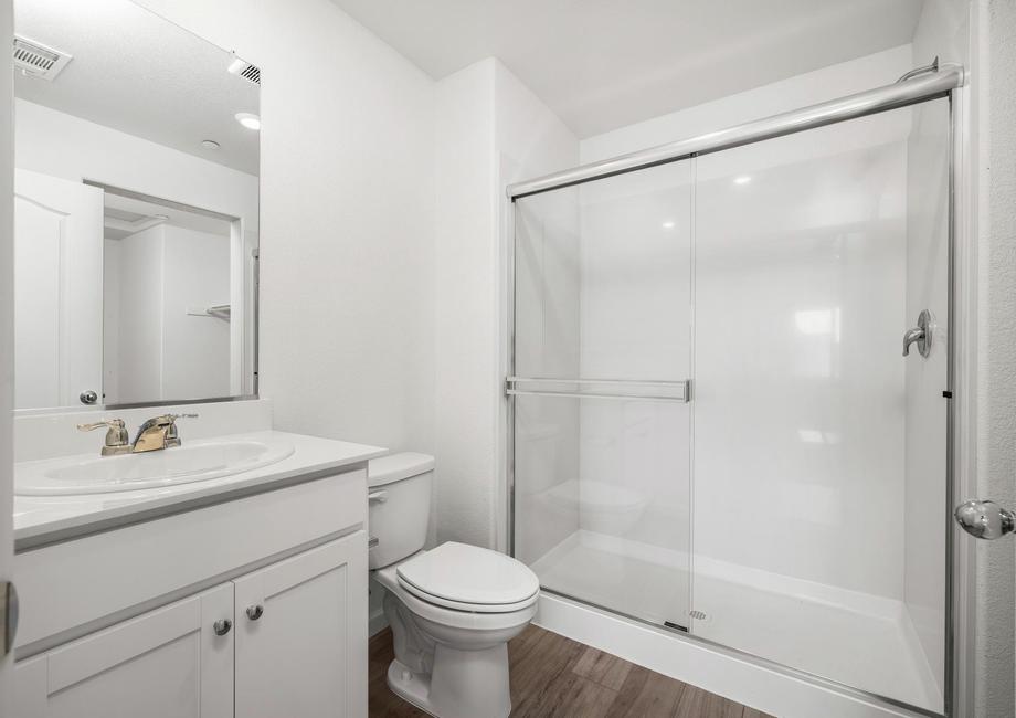 The master bathroom has a step in shower.