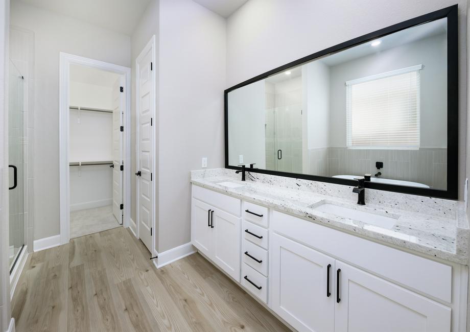 Master bathroom with a large vanity and a framed mirror.