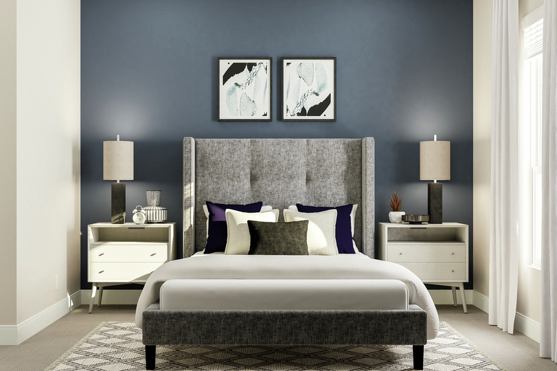 Rendering of the fourth bedroom showing a
  large bed in front of the dark accent wall and paintings. Additional
  furnishings include a rug, two nightstands and table lamps with beige carpet
  flooring throughout.