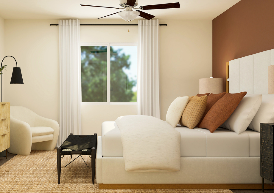 Rendering of a master bedroom furnished  with a large white bed across from a light brown dresser. 
