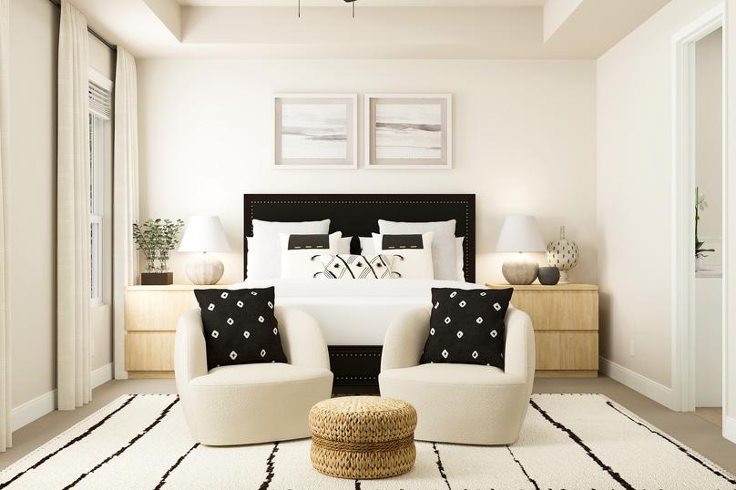 Rendering of the large master bedroom
  with carpeted flooring, multiple windows and a trey ceiling. The room is
  furnished with a bed, two nightstands, two accent chairs and a pouf.