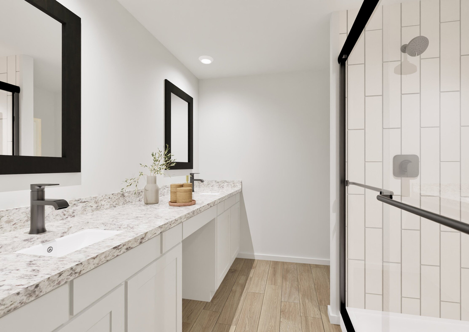Modern bathroom with dual sinks set in a marble countertop, black-framed mirrors, light wooden floor, and a glass shower with white tile walls. Bright and minimalist.
