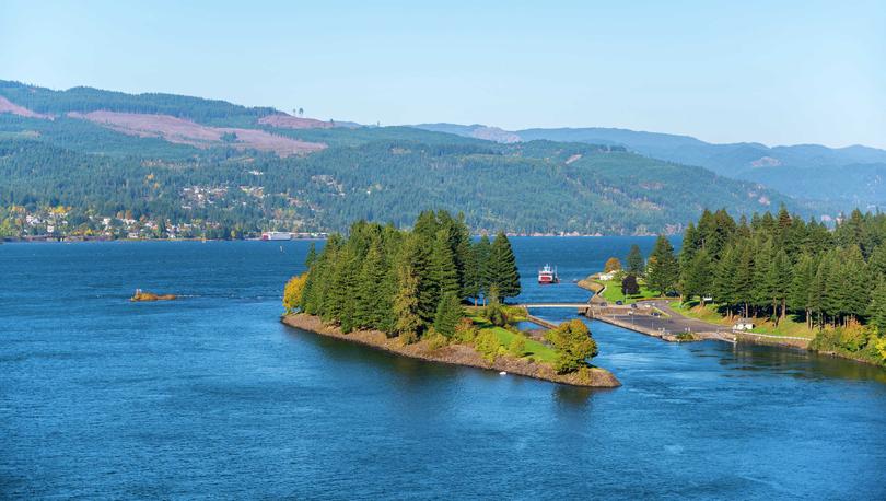 Vancouver, Washington Green Island showing large pine trees, connecting bridge, and blue waters
