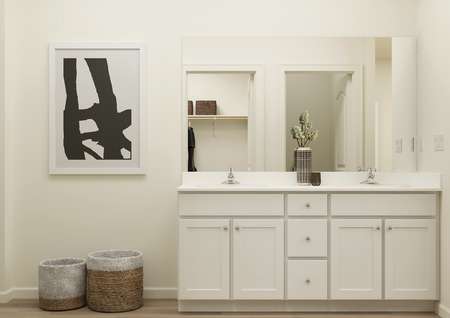 Rendering of a
  master bathroom showing a double sink vanity with white cabinetry.