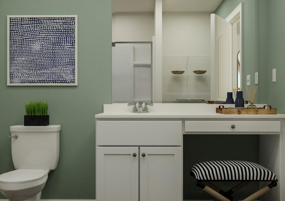 Rendering of the master bath focused on
  the white cabinet vanity. A toilet is beside it and the shower is visible in
  the mirror.