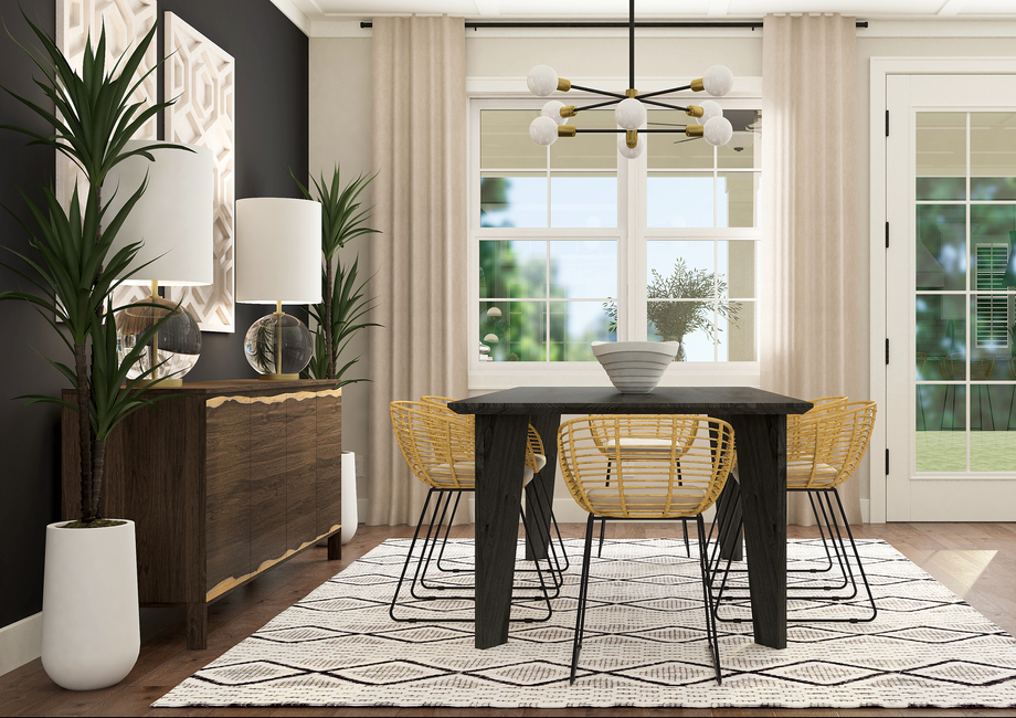 Rendering of dining room furnished with a
  six-person table. This rendering highlights a large window with curtains and
  door to the outside patio.