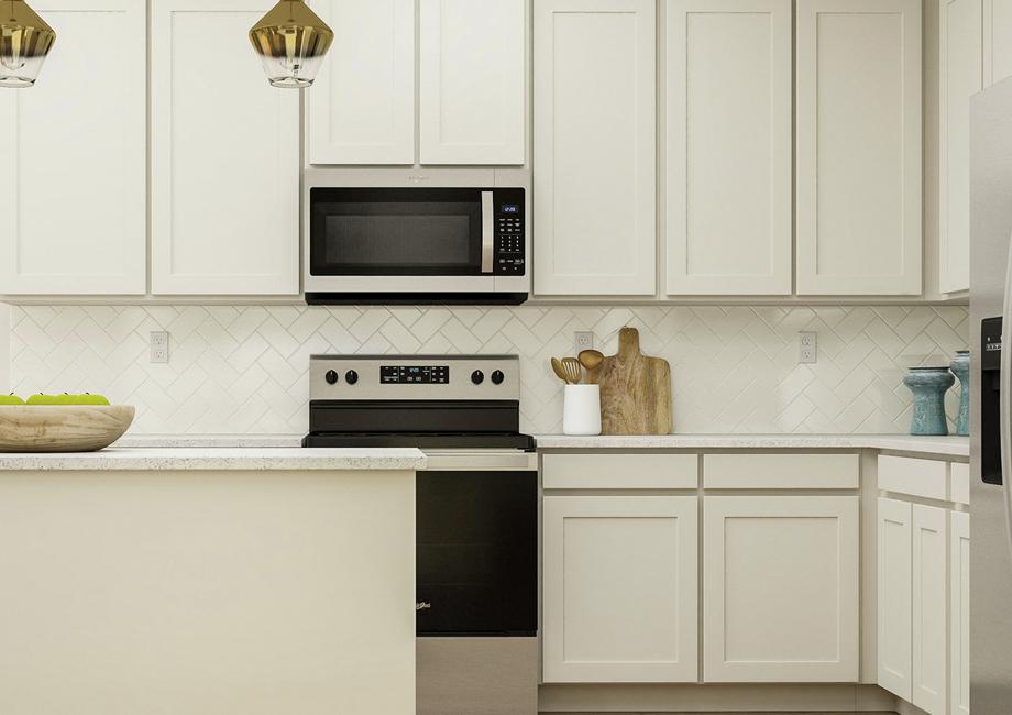 Rendering of the incredible kitchen in
  the Sequoia floor plan. The space has an island, white cabinetry, wood-look
  flooring, herringbone tile backsplash, granite counters and Whirlpool brand
  appliances.