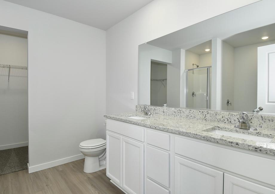 The master bathroom has a dual sink vanity and large walk in closet.
