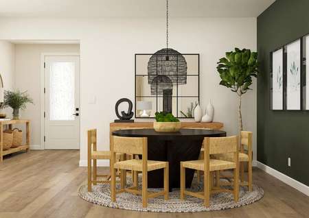 Rendering of the dining room with
  wood-look vinyl plank flooring, a round six-person table and buffet.