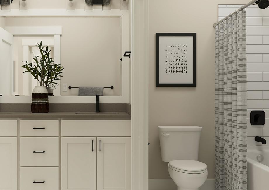 Rendering of the bathroom with a double
  sink vanityÂ  next to a toilet and a
  bathtub.