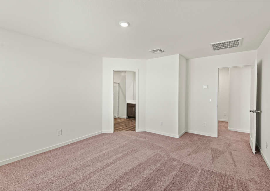 The master bedroom seamlessly connects to the spacious bathroom.