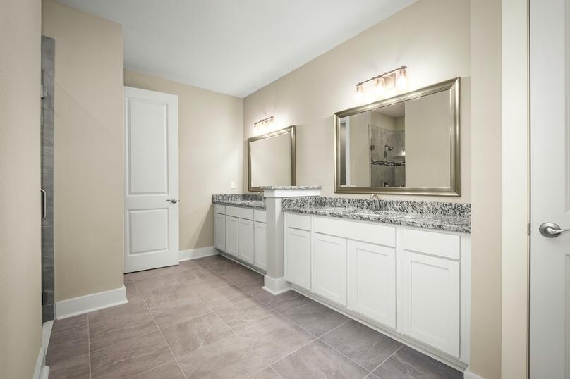 Master bathroom with a walking-in shower, separate tub and a large vanity.