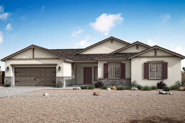 The Newport plan with desert landscaping and a stucco and brick exterior.
