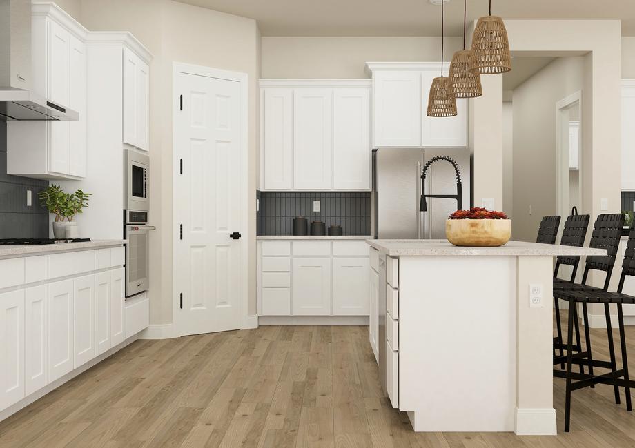 Rendering of the kitchen in the Primrose
  floor plan. The room has white cabinets, wood-look vinyl plank flooring,
  stainless steel appliances and a large island.Â 