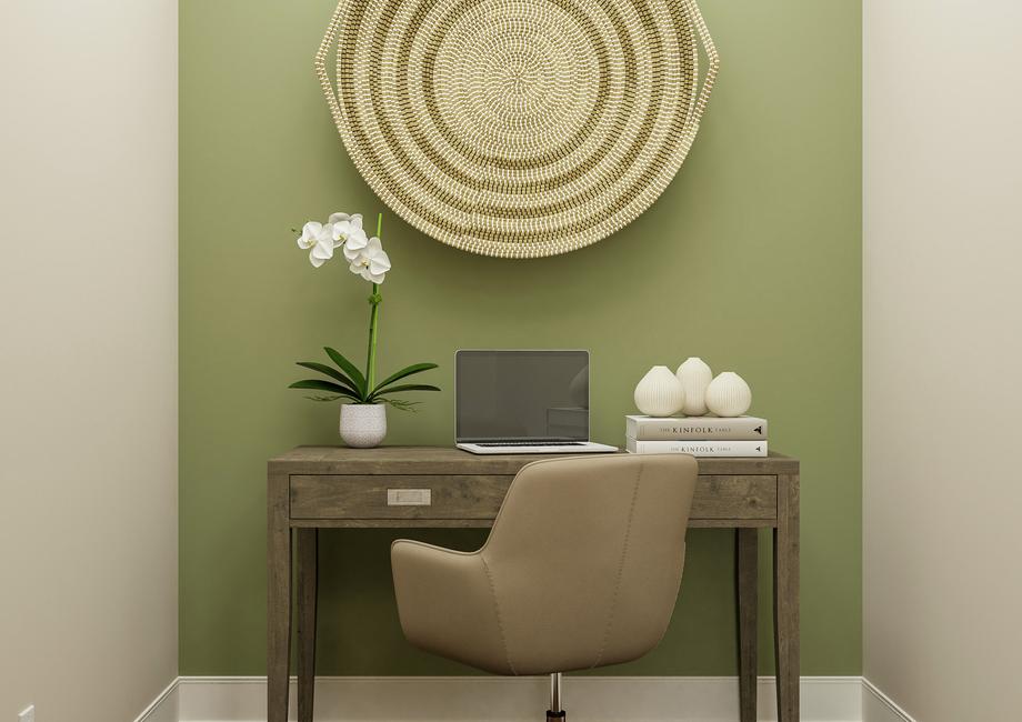 Rendering of study nook showing a full
  size wood desk, office chair, and dÃ©cor along a green accent wall.