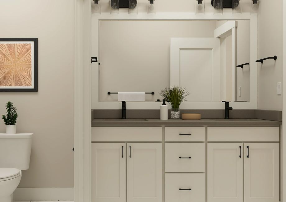 Rendering of bathroom with a double sink
  vanity. The toilet and bathtub can be seen next to the vanity.Â 