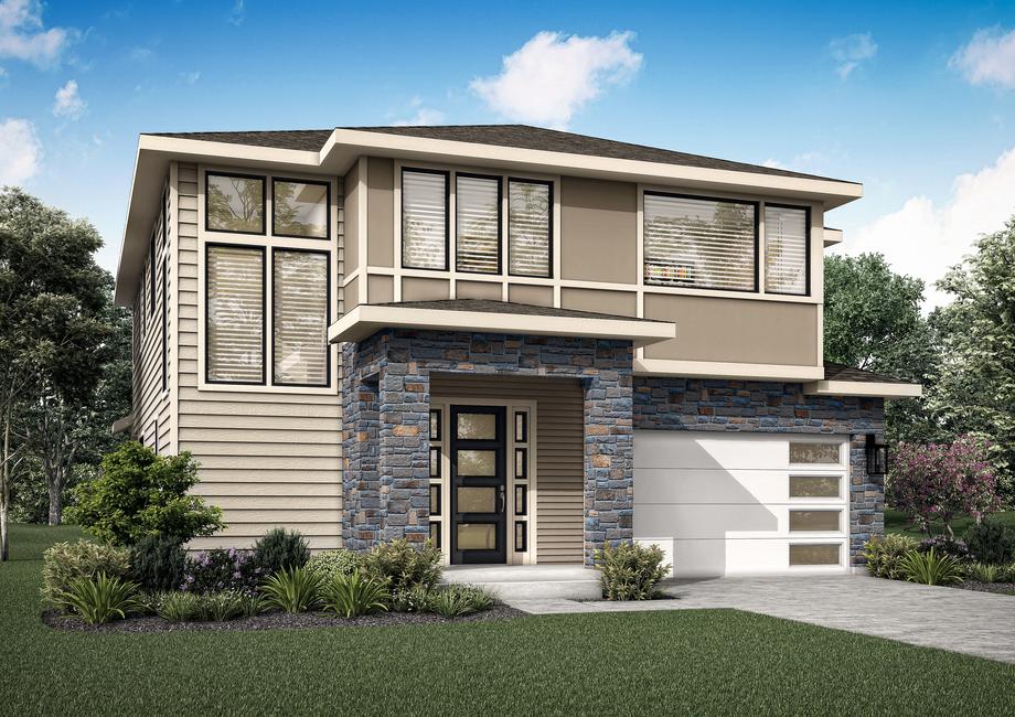 Two-story Corretto elevation rendering with stone accents.