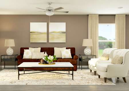 Rendering of a living room furnished with
  a couch and two large white chairs.