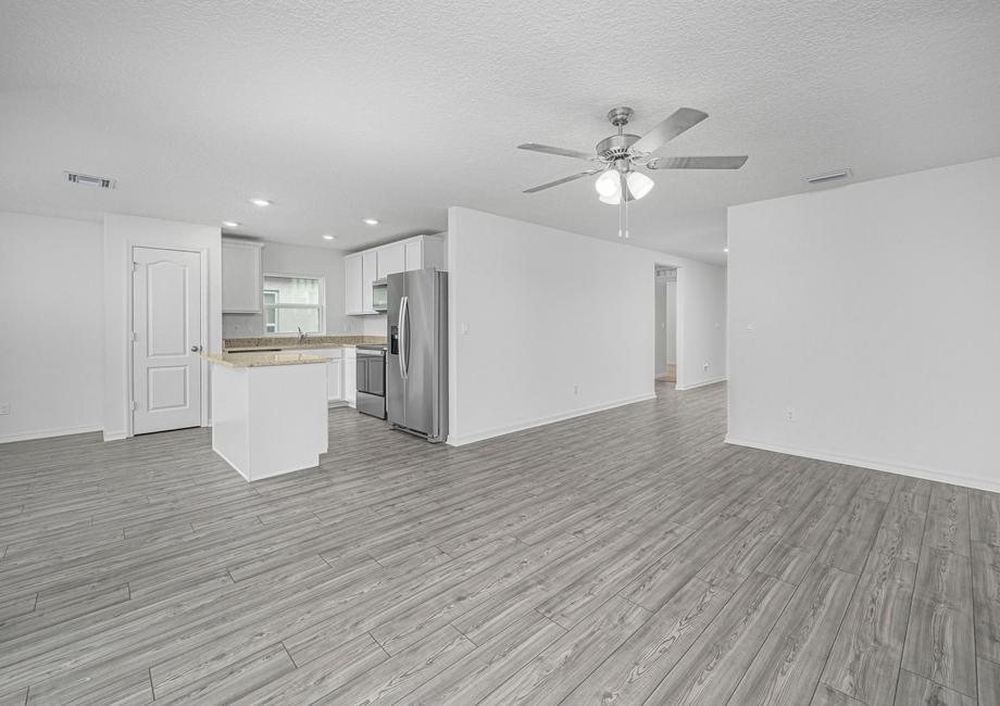 Open living and kitchen area of the Amelia floor plan