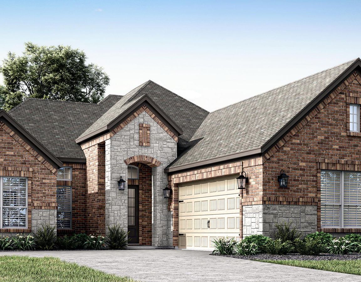 Rendering of the three-bedroom Belzer plan with stone and brick exteriors.