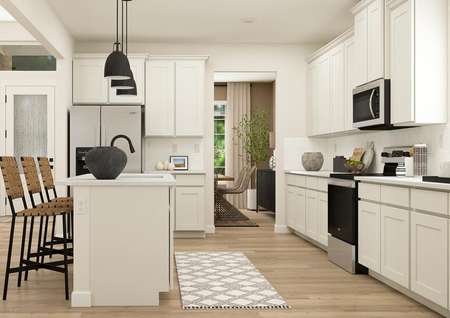 Rendering of kitchen with
  white cabinets and stainless steal appliances. 