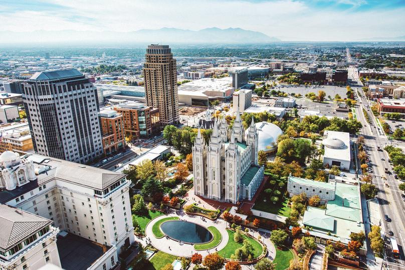 Aerial view of Temple Square in Salt Lake City, Utah.