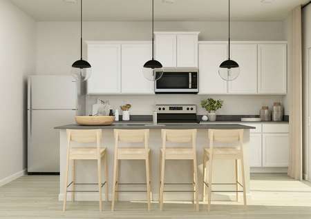 Rendering of a
  kitchen with stainless steel appliances and white cabinetry. There are four
  barstools at the counter. 