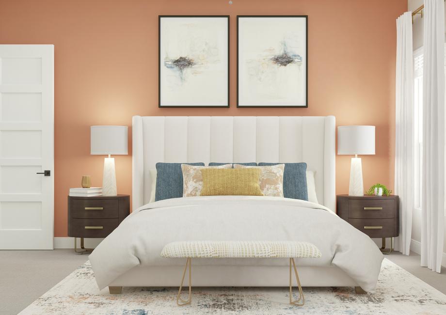 Rendering of the owner's retreat with a
  bed in front of the accent wall and complementary wall art. Alongside the bed
  are two wood nightstands with large table lamps sitting behind a distressed
  rug.