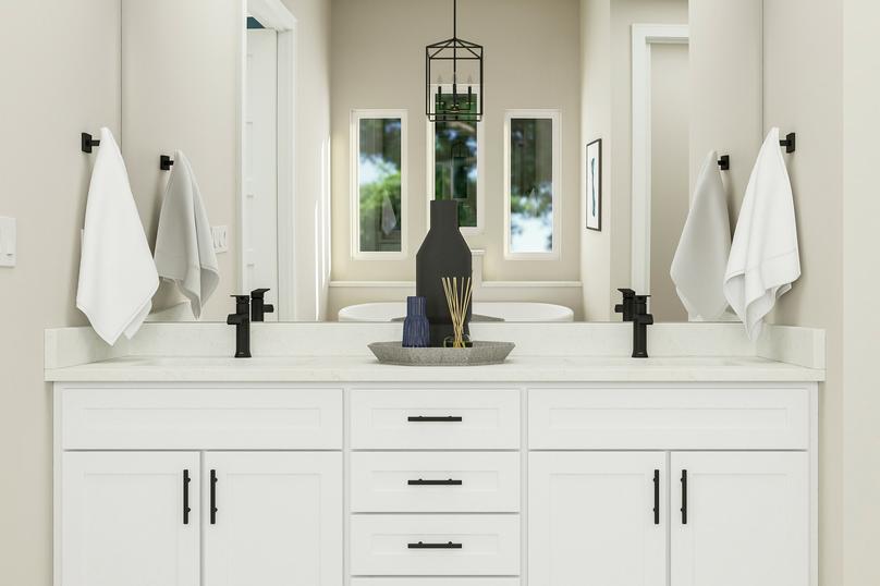 Rendering of the double vanity in the
  master bathroom, featuring quartz countertop and white cabinets.