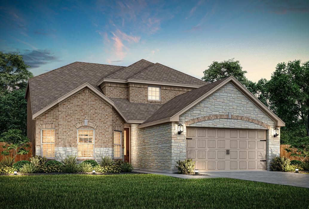 Dusk elevation rendering of the Martin with brick and stone.