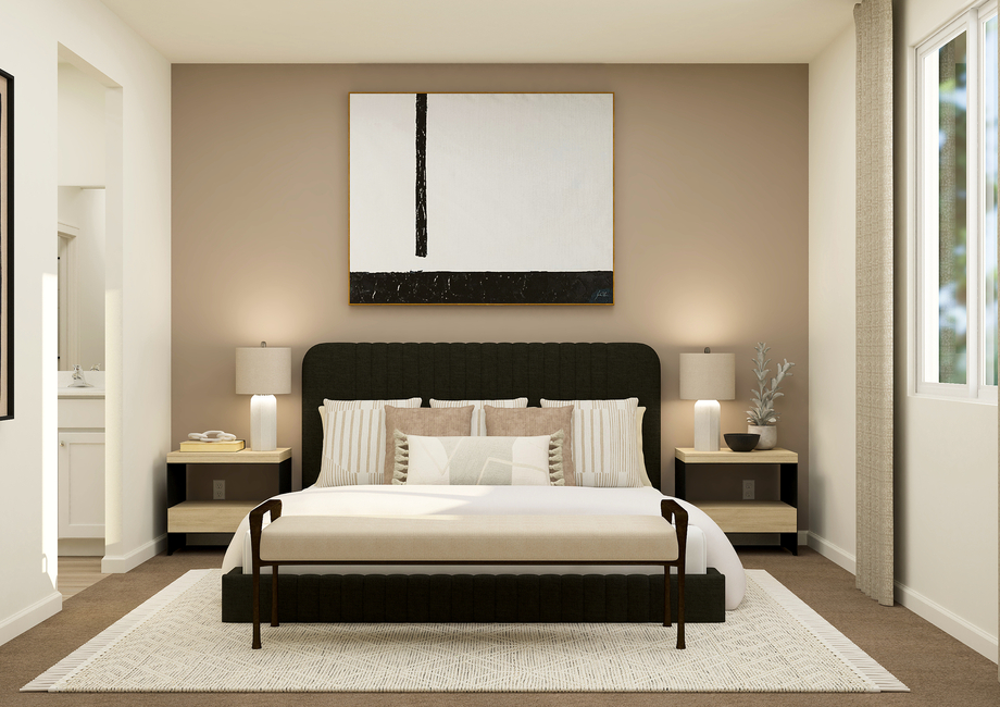 Rendering of a
  master bedroom furnished with a lare bed at the center of the room. There is
  a bench at the end of the bed.Â 