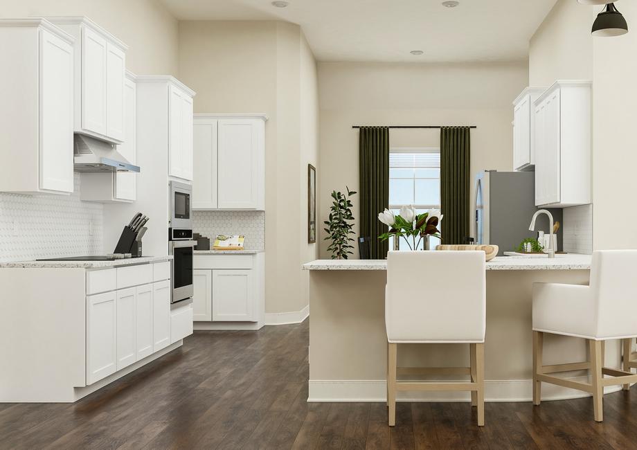 Rendering of spacious kitchen showing
  white cabinetry, a large white island with chairs and dÃ©cor, and stainless
  steel appliances with dark wood look flooring throughout.