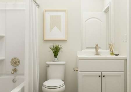 Rendering of a
  bathroom with a white bathtub and shower curtain, toilet, white cabinetry and
  natural décor. 