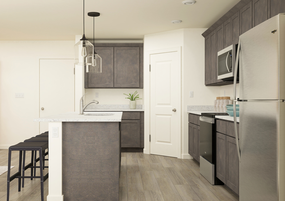 Rendering of the kitchen with dark  cabinetry and stainless steal appliances.