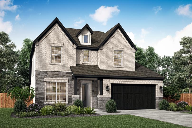 The Emma is a stunning, two-story home with light brick and stone.
