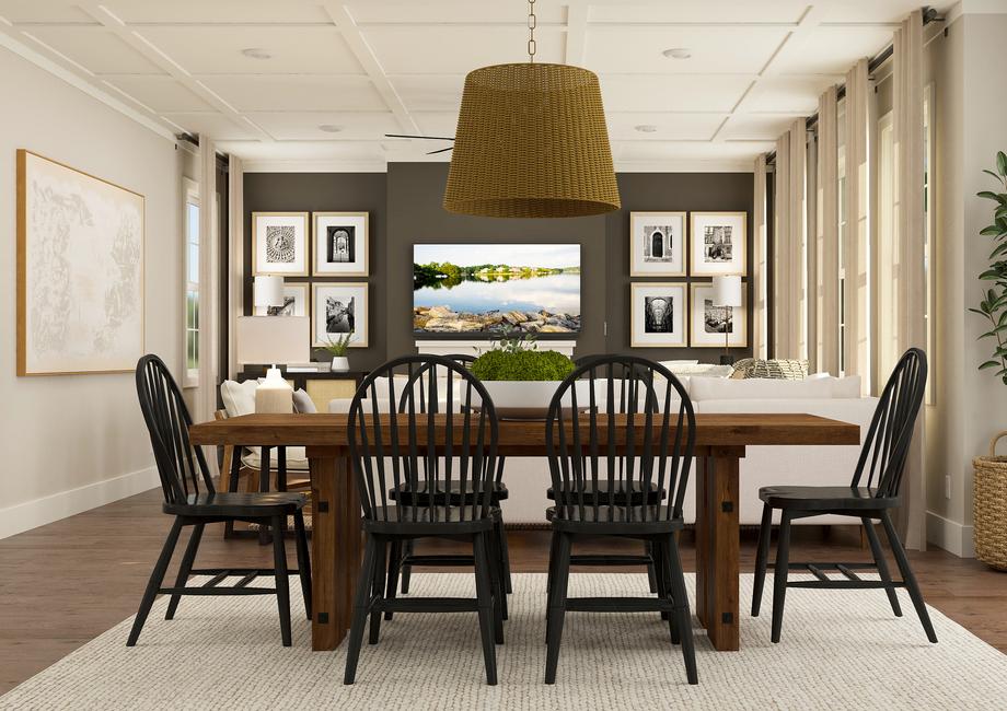 Rendering of dining room with a large wooden table surrounded by 6 chairs. The living room can be seen behind the table.