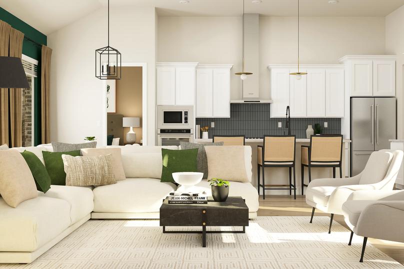 Rendering of the open floor plan in the
  Azalea showcasing the open flow from the kitchen to the living room.Â 