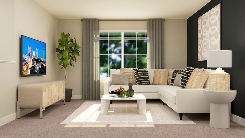 Rendering of loft highlighting a large window with curtains. This room is furnished with a white sectional and a tv console.