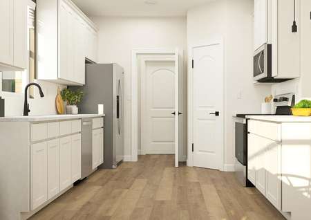 Rendering of the spacious kitchen
  featuring granite countertops and white cabinetry.