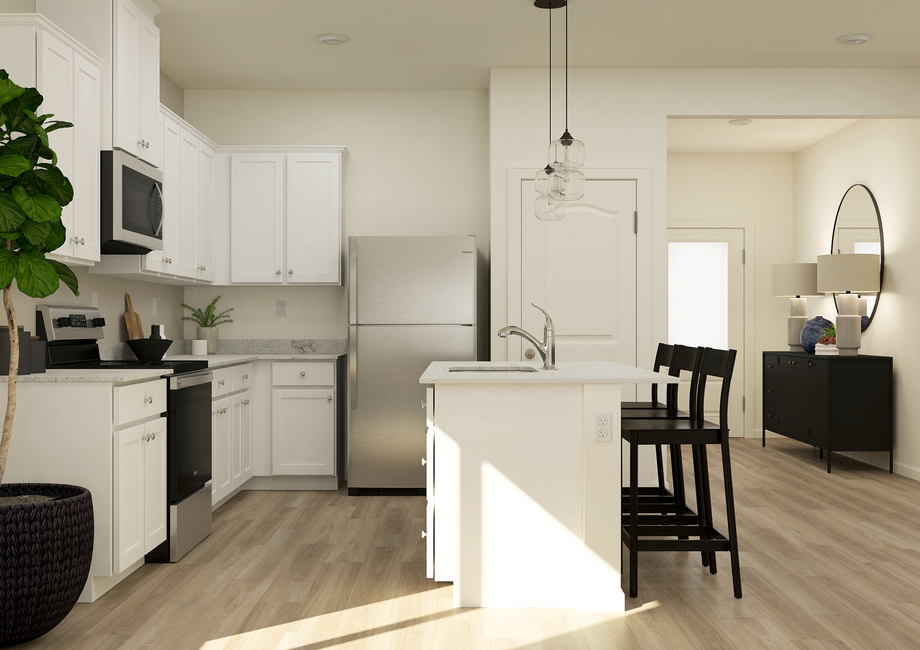 Rendering of a
  kitchen with white cabinetry and stainless-steel appliances.