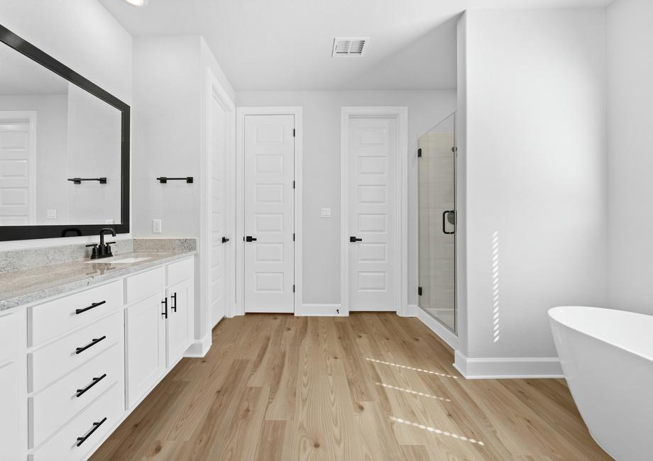 The master bathroom has a standalone tub and a walk-in shower.