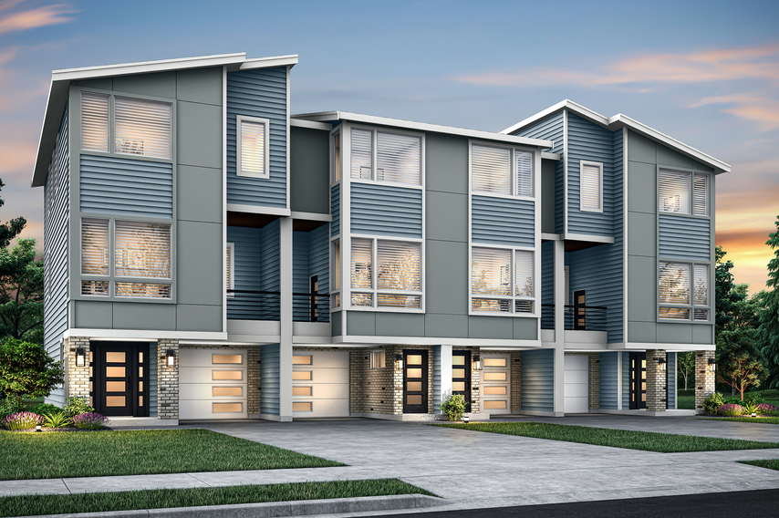 Dusk rendering of the Adeline and Madelyn townhomes.