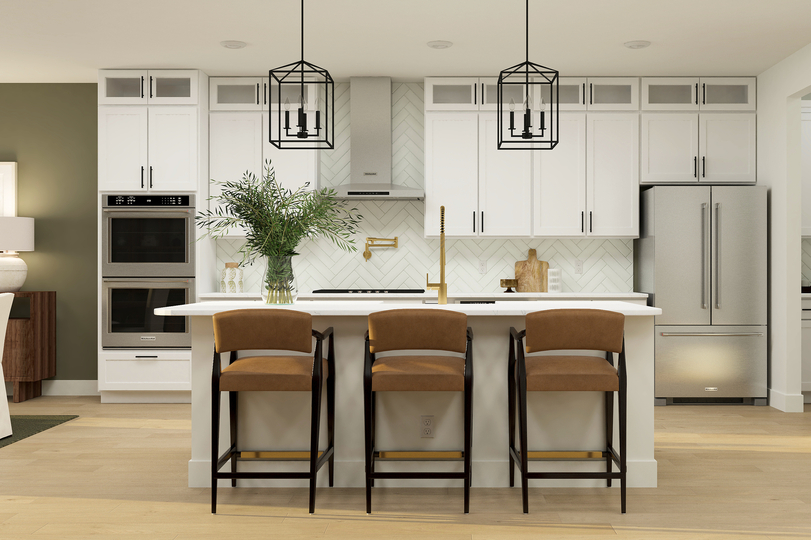 Rendering of a
  kitchen with white cabinetry and stainless steel appliances.