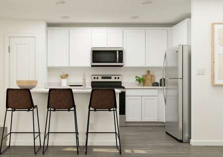 Rendering of the kitchen with white
  cabinetry and there are three barstools at the counter.